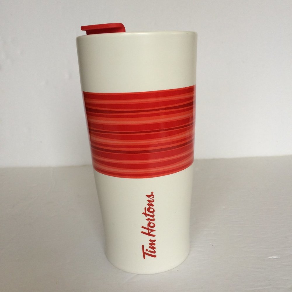 Tim Hortons Ceramic Travel Mug White Red Orange Stripes Lid Limited Edition 2015